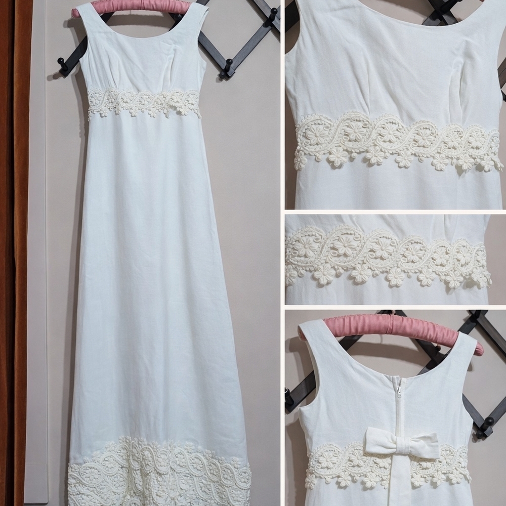 Vintage 1960s Linen Crochet Wedding Dress